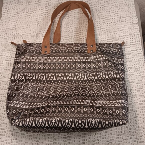 Kavu coated canvas black & white ikat tribal style print large tote bag purse - Picture 2 of 11